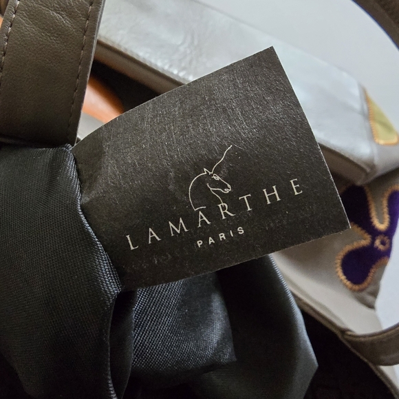 Lamarthe of Paris Leather Purse Gray Boho Flower Shoulder Bag French Designer - Picture 12 of 16